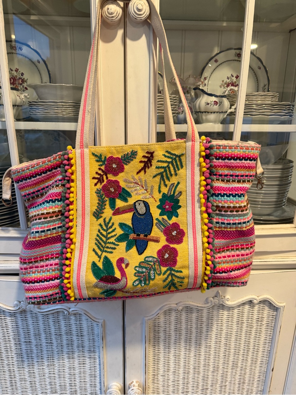 America & Beyond Toucan Large Tote Bag Beaded Birds Flowers Pom Poms 21 x 12